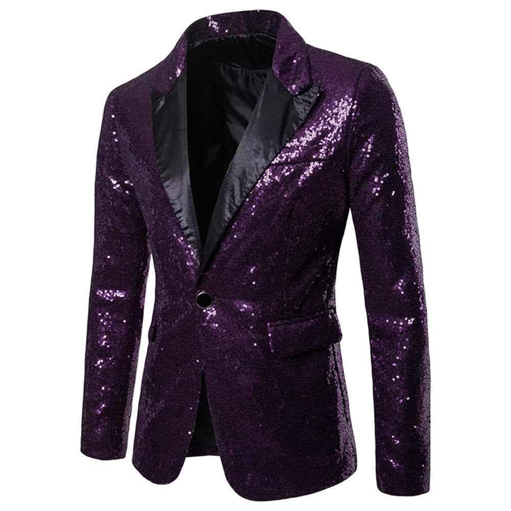 Purple # Men's one-button shiny sequin jacket with peaked lapel and single-breasted closure, purple party tuxedo blazer with 2 flap hand pockets and 1 chest pocket, cotton blend fabric with acrylic lining for prom, wedding, banquet and stage performance, isolated on white background.