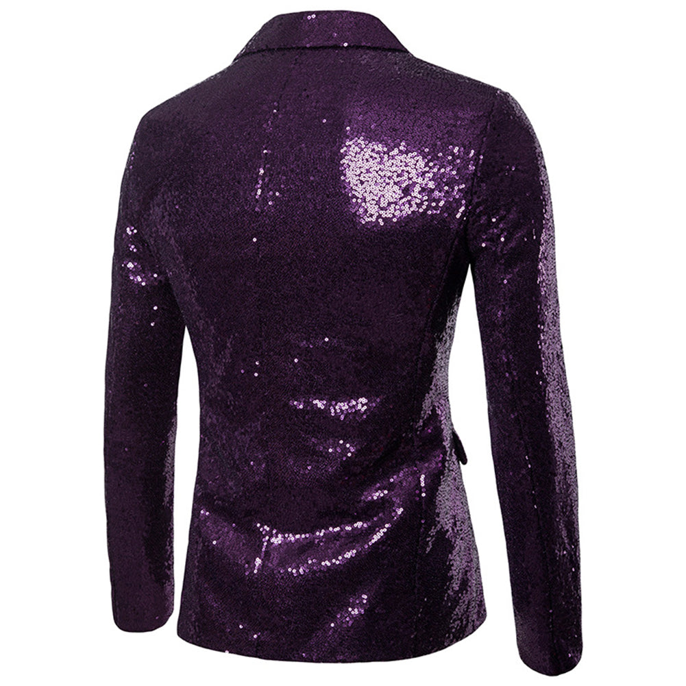 Purple # Men's one-button shiny sequin jacket with peaked lapel and single-breasted closure, purple party tuxedo blazer with 2 flap hand pockets and 1 chest pocket, cotton blend fabric with acrylic lining for prom, wedding, banquet and stage performance, isolated on white background.