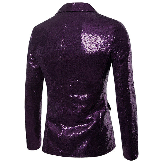 Purple # Men's one-button shiny sequin jacket with peaked lapel and single-breasted closure, purple party tuxedo blazer with 2 flap hand pockets and 1 chest pocket, cotton blend fabric with acrylic lining for prom, wedding, banquet and stage performance, isolated on white background.