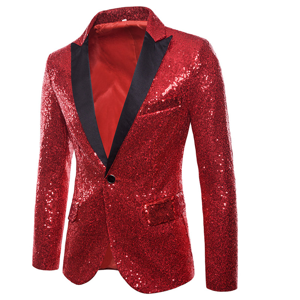 Red # Men's shiny sequin party tuxedo blazer with one-button peaked lapel and single-breasted closure, red sparkle suit jacket with cotton blend fabric, 2 flap hand pockets and 1 chest pocket for prom, wedding, banquet, show and celebration, isolated on white background.