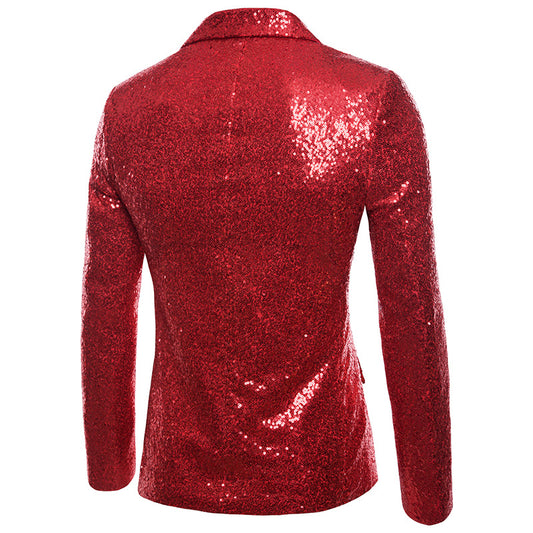 Red # Men's shiny sequin party tuxedo blazer with one-button peaked lapel and single-breasted closure, red sparkle suit jacket with cotton blend fabric, 2 flap hand pockets and 1 chest pocket for prom, wedding, banquet, show and celebration, isolated on white background.