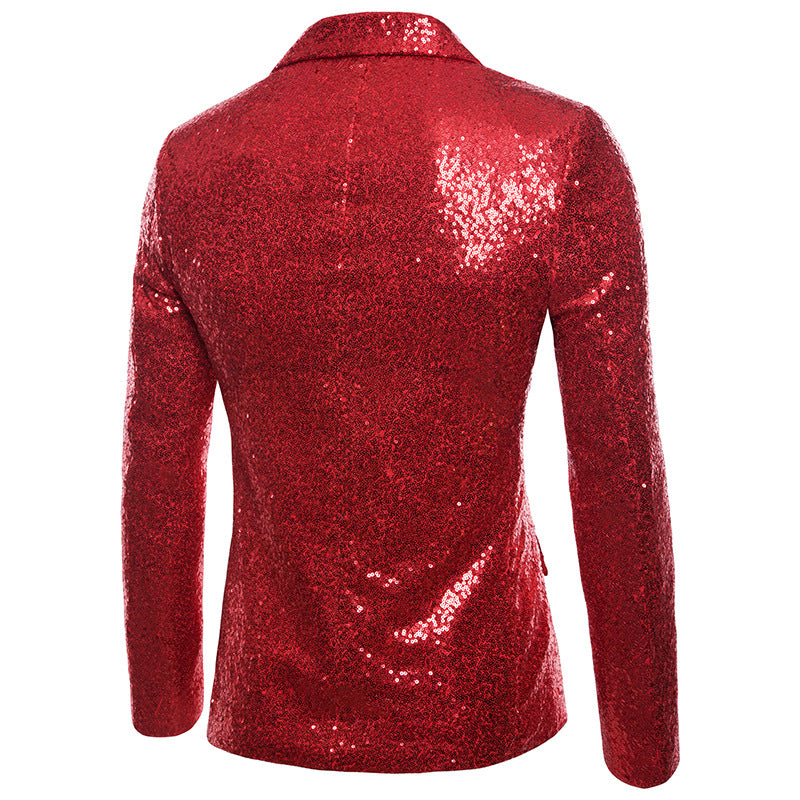 Red # Men's shiny sequin party tuxedo blazer with one-button peaked lapel and single-breasted closure, red sparkle suit jacket with cotton blend fabric, 2 flap hand pockets and 1 chest pocket for prom, wedding, banquet, show and celebration, isolated on white background.