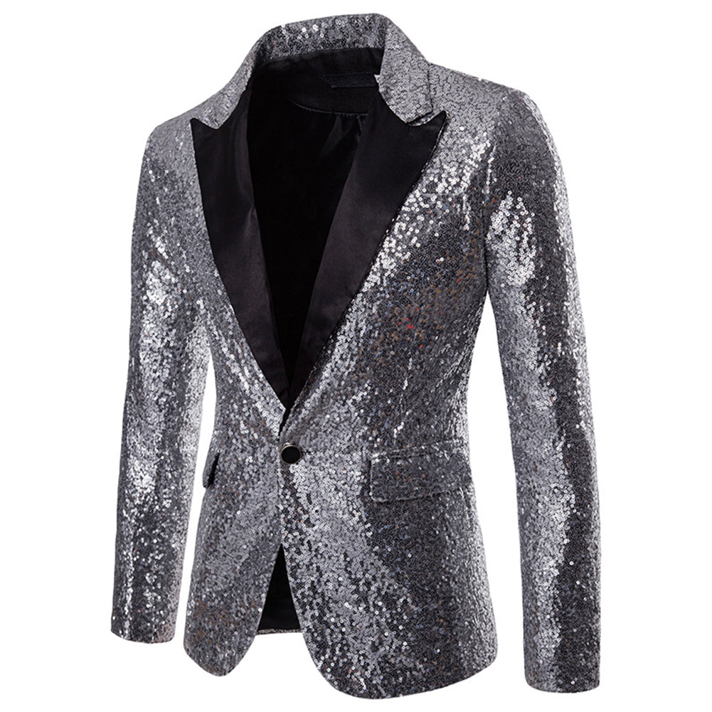 Silver # Men's shiny sequin party tuxedo blazer with one-button peaked lapel and single-breasted closure, silver sparkle jacket with 2 flap hand pockets and 1 chest pocket, cotton blend sequin coat for prom, wedding, banquet, show and celebration, isolated on white background.