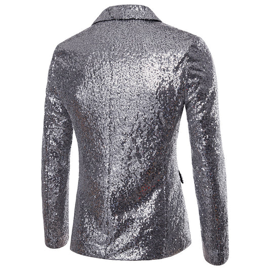 Silver # Men's shiny sequin party tuxedo blazer with one-button peaked lapel and single-breasted closure, silver sparkle jacket with 2 flap hand pockets and 1 chest pocket, cotton blend sequin coat for prom, wedding, banquet, show and celebration, isolated on white background.