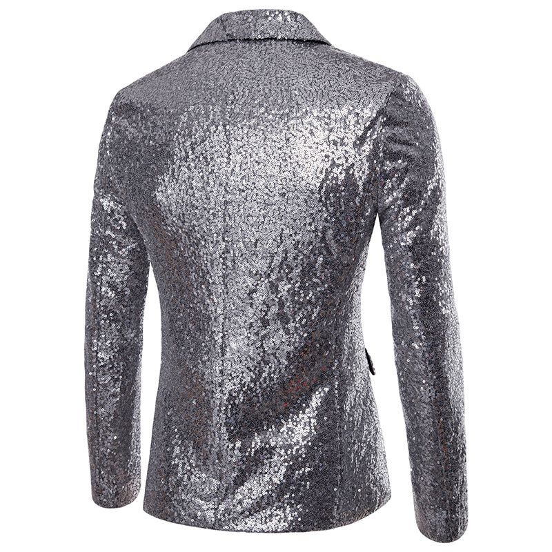 Silver # Men's shiny sequin party tuxedo blazer with one-button peaked lapel and single-breasted closure, silver sparkle jacket with 2 flap hand pockets and 1 chest pocket, cotton blend sequin coat for prom, wedding, banquet, show and celebration, isolated on white background.