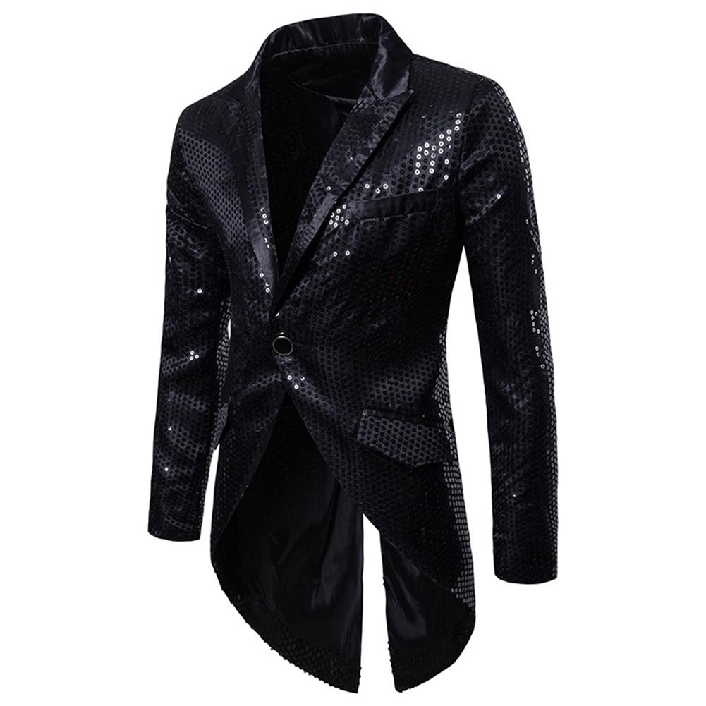 Black # Men's slim fit single-breasted sequin decorated swallowtail coat with peaked lapel and button closure, black sparkle tuxedo tailcoat with shining sequins for party, prom, stage performance, wedding and special events, isolated on white background.
