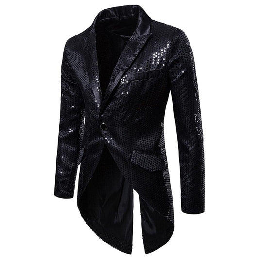 Black # Men's slim fit single-breasted sequin decorated swallowtail coat with peaked lapel and button closure, black sparkle tuxedo tailcoat with shining sequins for party, prom, stage performance, wedding and special events, isolated on white background.