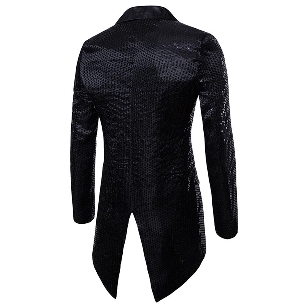 Black # Men's slim fit single-breasted sequin decorated swallowtail coat with peaked lapel and button closure, black sparkle tuxedo tailcoat with shining sequins for party, prom, stage performance, wedding and special events, isolated on white background.