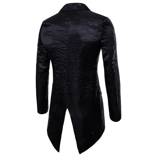 Black # Men's slim fit single-breasted sequin decorated swallowtail coat with peaked lapel and button closure, black sparkle tuxedo tailcoat with shining sequins for party, prom, stage performance, wedding and special events, isolated on white background.