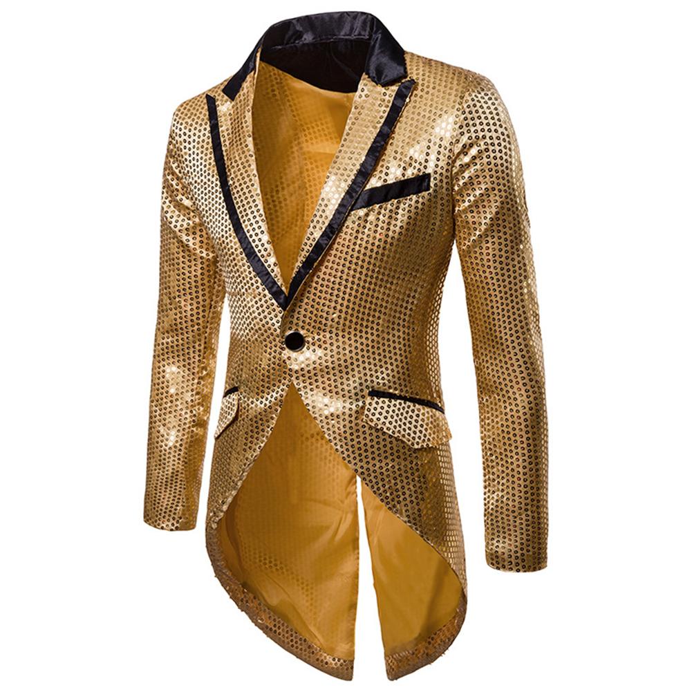 Gold # Men's slim fit sequin decorated swallowtail coat with peaked lapel and single-breasted button closure, gold sparkle tuxedo tailcoat with shining sequins for party, prom, stage performance, wedding and special events, isolated on white background.
