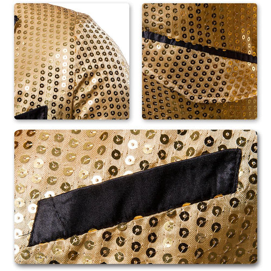 Gold # Men's slim fit sequin decorated swallowtail coat with peaked lapel and single-breasted button closure, gold sparkle tuxedo tailcoat with shining sequins for party, prom, stage performance, wedding and special events, isolated on white background.
