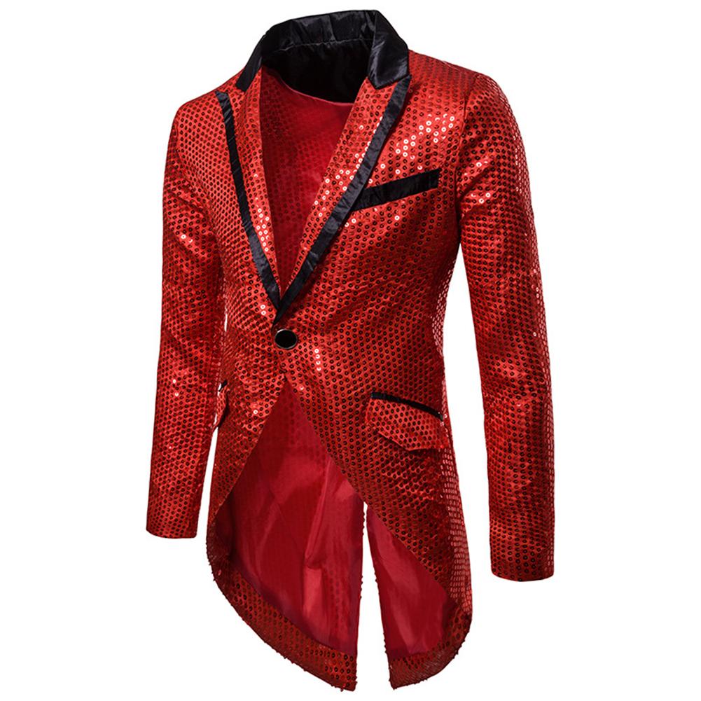 Red # Men's slim fit sequin decorated swallowtail coat with peaked lapel and single-breasted button closure, red sparkle tuxedo tailcoat with shining sequins for party, prom, stage performance, wedding and special events, isolated on white background.