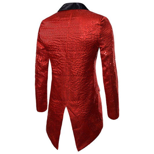 Red # Men's slim fit sequin decorated swallowtail coat with peaked lapel and single-breasted button closure, red sparkle tuxedo tailcoat with shining sequins for party, prom, stage performance, wedding and special events, isolated on white background.