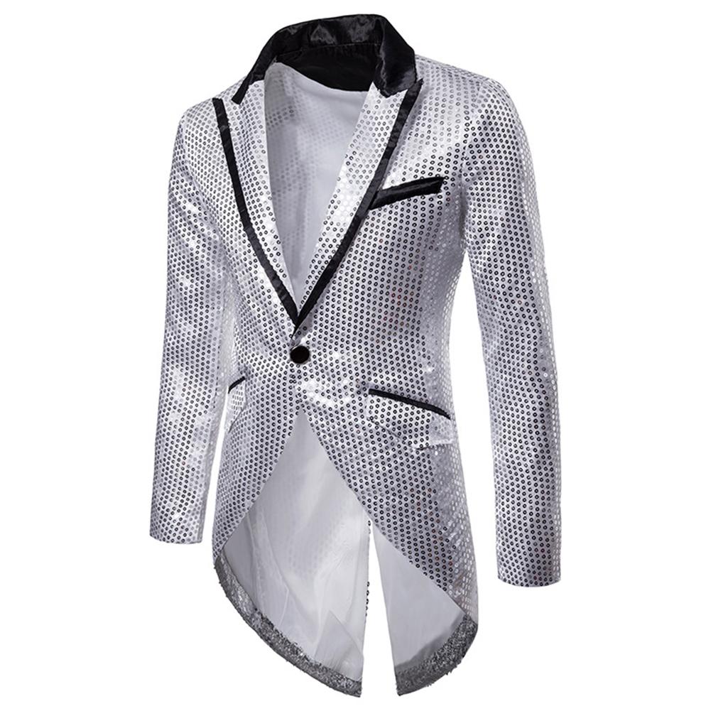 Silver # Men's slim fit sequin decorated swallowtail coat with peaked lapel and single-breasted button closure, silver sparkle tuxedo tailcoat with shining sequins for party, prom, stage performance, wedding and special events, isolated on white background.