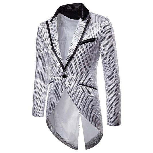Silver # Men's slim fit sequin decorated swallowtail coat with peaked lapel and single-breasted button closure, silver sparkle tuxedo tailcoat with shining sequins for party, prom, stage performance, wedding and special events, isolated on white background.