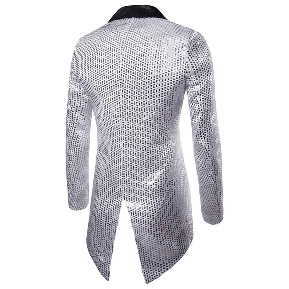 Silver # Men's slim fit sequin decorated swallowtail coat with peaked lapel and single-breasted button closure, silver sparkle tuxedo tailcoat with shining sequins for party, prom, stage performance, wedding and special events, isolated on white background.