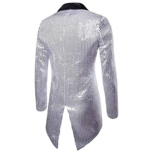 Silver # Men's slim fit sequin decorated swallowtail coat with peaked lapel and single-breasted button closure, silver sparkle tuxedo tailcoat with shining sequins for party, prom, stage performance, wedding and special events, isolated on white background.