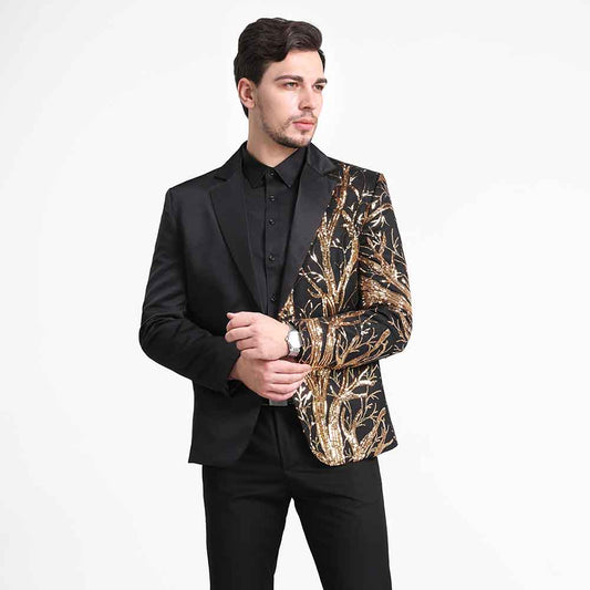 Black # Men's slim fit lightning tree sequin blazer with notched lapel and single-button closure, black sparkle suit jacket with unique sequin pattern and 3D tailored fit for party, prom, wedding and stage performance, isolated on white background.