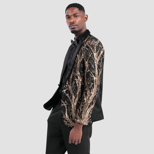 Black # Men's slim fit lightning tree sequin blazer with notched lapel and single-button closure, black sparkle suit jacket with unique sequin pattern and 3D tailored fit for party, prom, wedding and stage performance, isolated on white background.