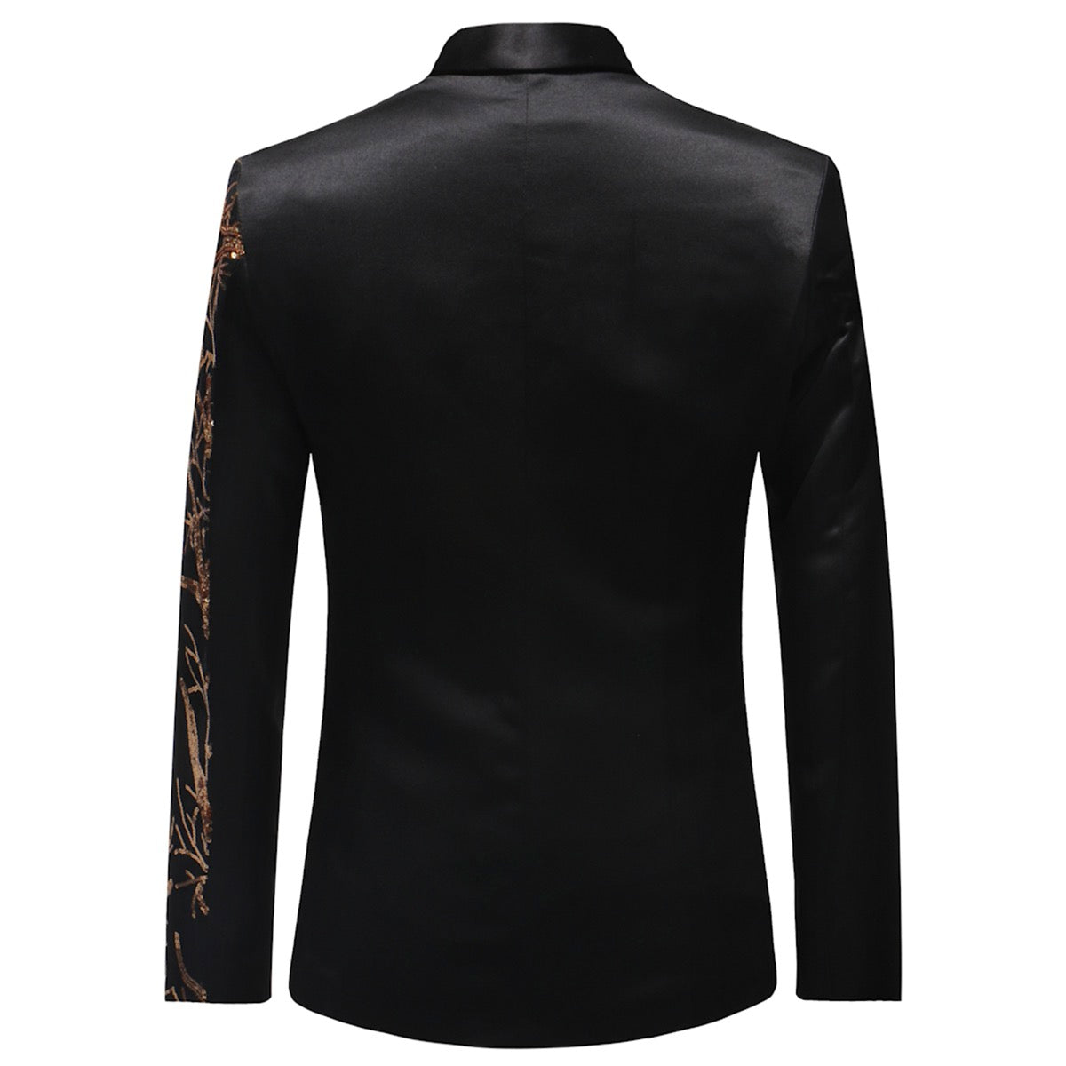Black # Men's slim fit lightning tree sequin blazer with notched lapel and single-button closure, black sparkle suit jacket with unique sequin pattern and 3D tailored fit for party, prom, wedding and stage performance, isolated on white background.