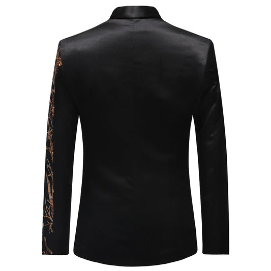 Black # Men's slim fit lightning tree sequin blazer with notched lapel and single-button closure, black sparkle suit jacket with unique sequin pattern and 3D tailored fit for party, prom, wedding and stage performance, isolated on white background.