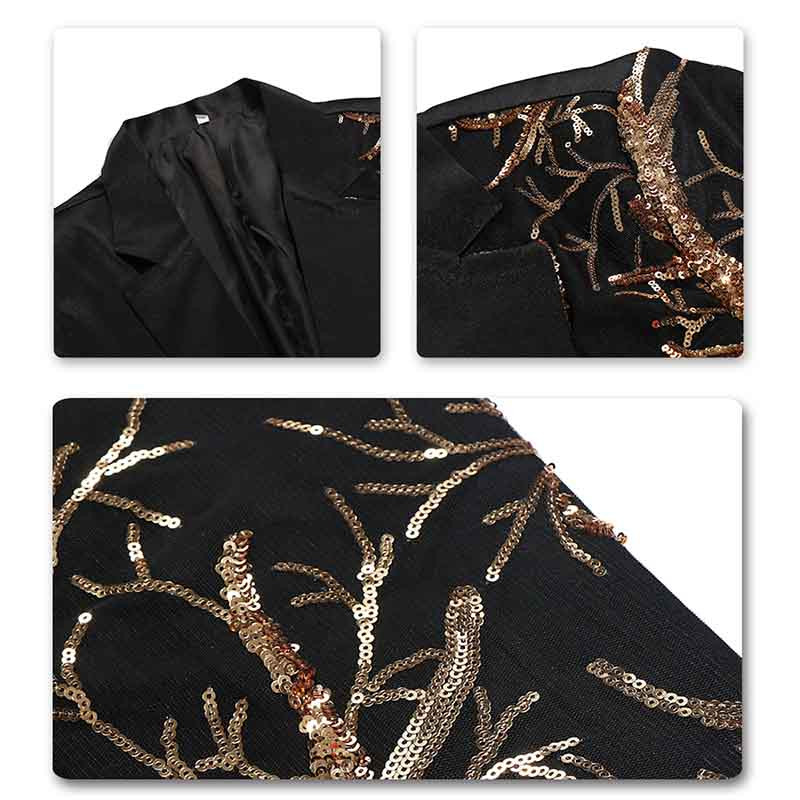 Black # Men's slim fit lightning tree sequin blazer with notched lapel and single-button closure, black sparkle suit jacket with unique sequin pattern and 3D tailored fit for party, prom, wedding and stage performance, isolated on white background.