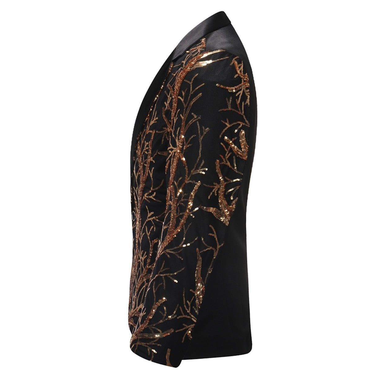 Black # Men's slim fit lightning tree sequin blazer with notched lapel and single-button closure, black sparkle suit jacket with unique sequin pattern and 3D tailored fit for party, prom, wedding and stage performance, isolated on white background.