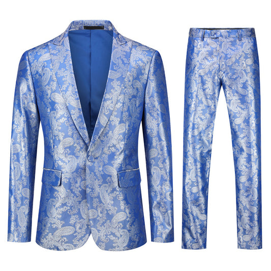 Blue # Men's slim fit 2-piece paisley fashion suit with notched lapel and single-breasted button closure, blue patterned formal blazer jacket with four-button cuffs and fully lined interior, matching flat-front trousers for party, wedding, prom and special occasions, isolated on white background.