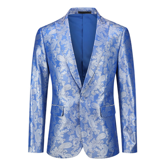 Blue # Men's slim fit 2-piece paisley fashion suit with notched lapel and single-breasted button closure, blue patterned formal blazer jacket with four-button cuffs and fully lined interior, matching flat-front trousers for party, wedding, prom and special occasions, isolated on white background.