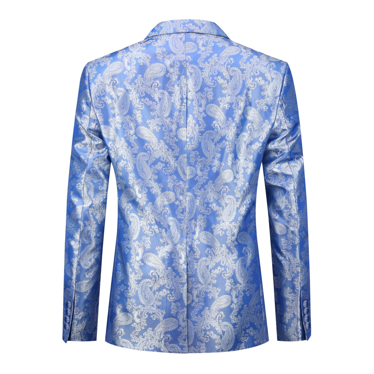 Blue # Men's slim fit 2-piece paisley fashion suit with notched lapel and single-breasted button closure, blue patterned formal blazer jacket with four-button cuffs and fully lined interior, matching flat-front trousers for party, wedding, prom and special occasions, isolated on white background.