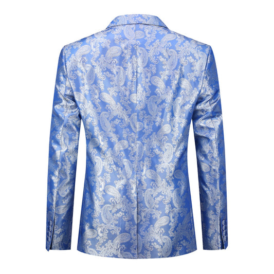 Blue # Men's slim fit 2-piece paisley fashion suit with notched lapel and single-breasted button closure, blue patterned formal blazer jacket with four-button cuffs and fully lined interior, matching flat-front trousers for party, wedding, prom and special occasions, isolated on white background.