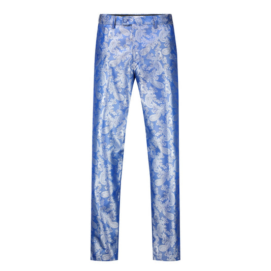 Blue # Men's slim fit 2-piece paisley fashion suit with notched lapel and single-breasted button closure, blue patterned formal blazer jacket with four-button cuffs and fully lined interior, matching flat-front trousers for party, wedding, prom and special occasions, isolated on white background.