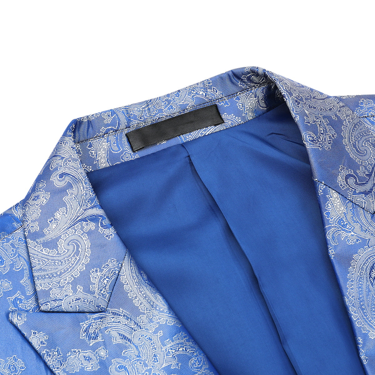 Blue # Men's slim fit 2-piece paisley fashion suit with notched lapel and single-breasted button closure, blue patterned formal blazer jacket with four-button cuffs and fully lined interior, matching flat-front trousers for party, wedding, prom and special occasions, isolated on white background.