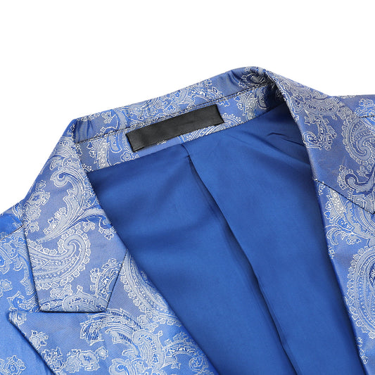 Blue # Men's slim fit 2-piece paisley fashion suit with notched lapel and single-breasted button closure, blue patterned formal blazer jacket with four-button cuffs and fully lined interior, matching flat-front trousers for party, wedding, prom and special occasions, isolated on white background.