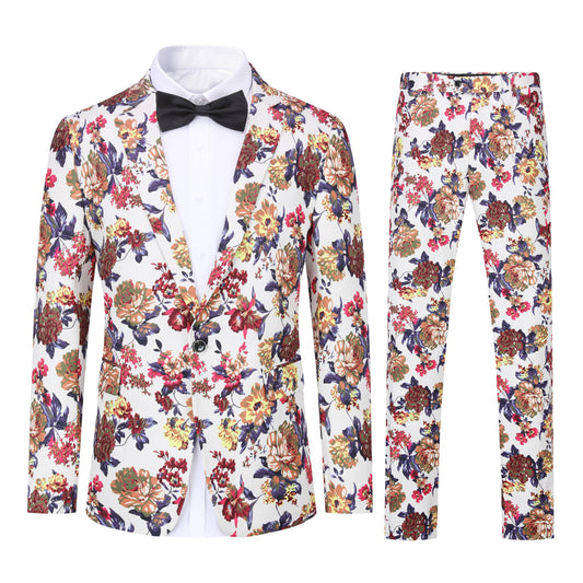 White # Men's slim fit 2-piece floral print suit with notched lapel and four-button cuffs, white patterned formal blazer jacket with matching flat-front trousers with extended waist strap, elegant polyester viscose blend wedding suit for party, prom and special occasions, isolated on white background.