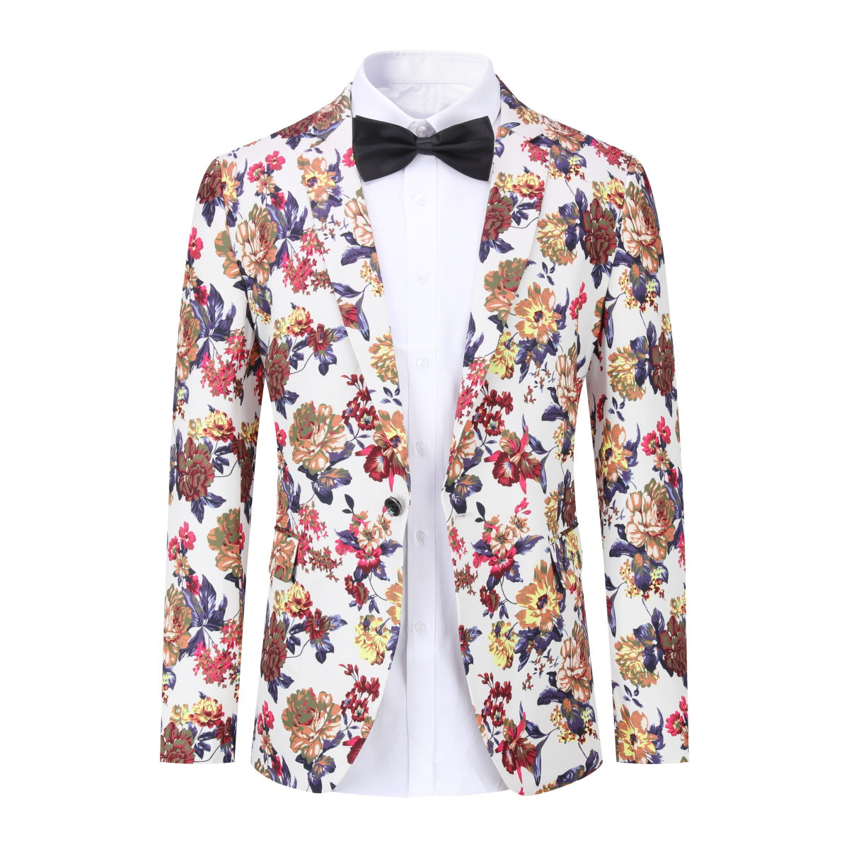 White # Men's slim fit 2-piece floral print suit with notched lapel and four-button cuffs, white patterned formal blazer jacket with matching flat-front trousers with extended waist strap, elegant polyester viscose blend wedding suit for party, prom and special occasions, isolated on white background.