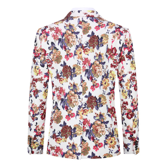 White # Men's slim fit 2-piece floral print suit with notched lapel and four-button cuffs, white patterned formal blazer jacket with matching flat-front trousers with extended waist strap, elegant polyester viscose blend wedding suit for party, prom and special occasions, isolated on white background.