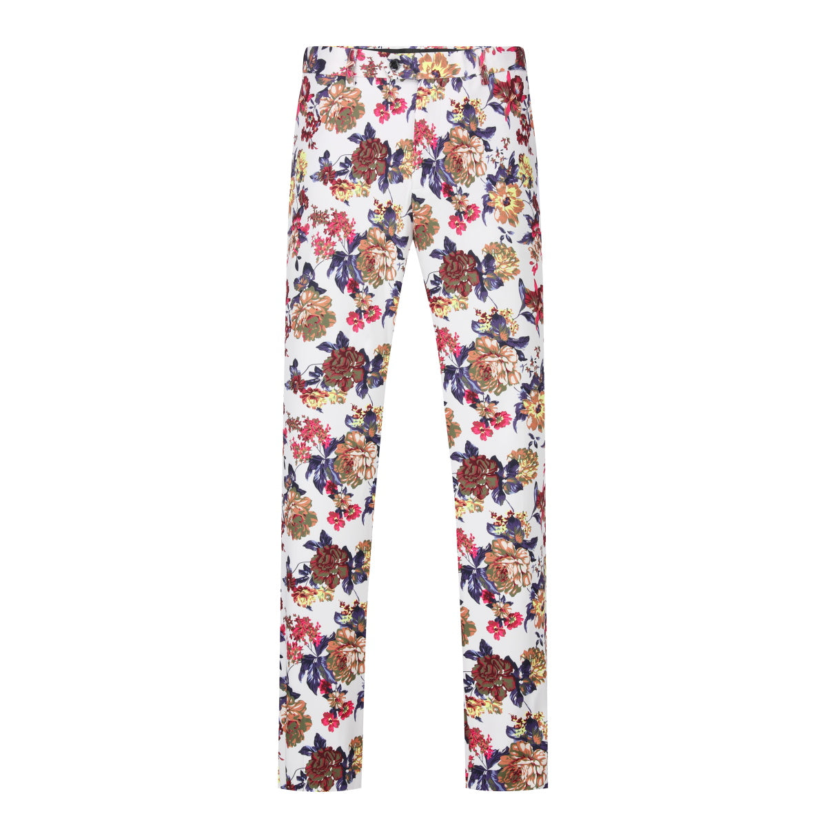White # Men's slim fit 2-piece floral print suit with notched lapel and four-button cuffs, white patterned formal blazer jacket with matching flat-front trousers with extended waist strap, elegant polyester viscose blend wedding suit for party, prom and special occasions, isolated on white background.