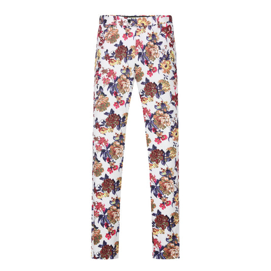 White # Men's slim fit 2-piece floral print suit with notched lapel and four-button cuffs, white patterned formal blazer jacket with matching flat-front trousers with extended waist strap, elegant polyester viscose blend wedding suit for party, prom and special occasions, isolated on white background.