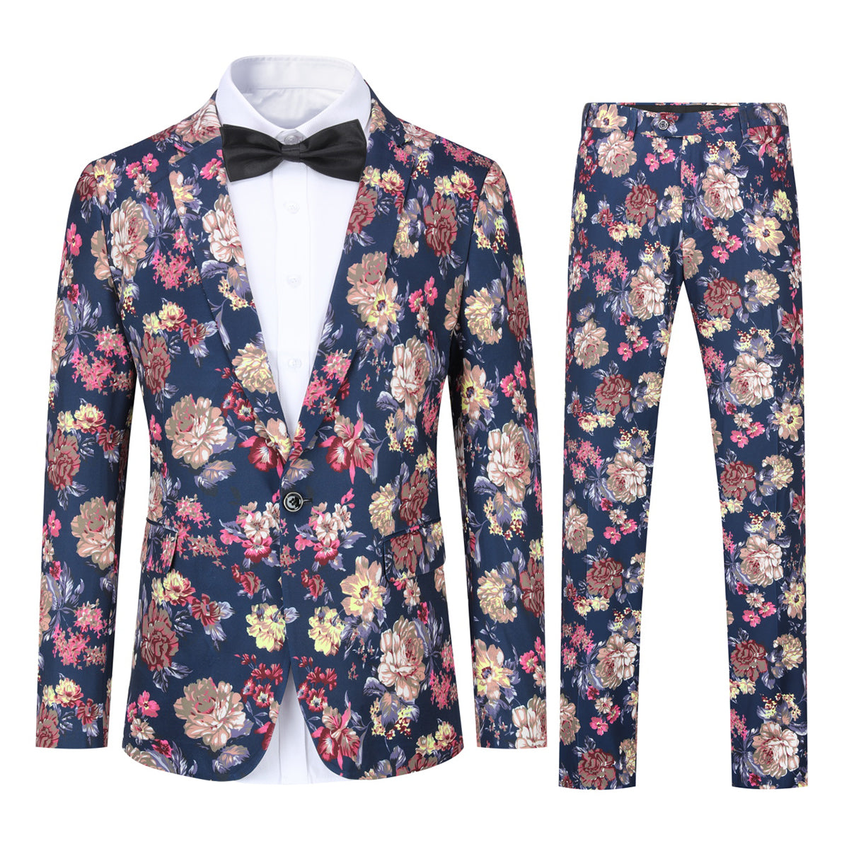 Navy # Men's slim fit 2-piece floral print suit with notched lapel and four-button cuffs, navy patterned blazer jacket with matching flat-front trousers with extended waist strap for wedding, prom, party and formal occasions, isolated on white background.