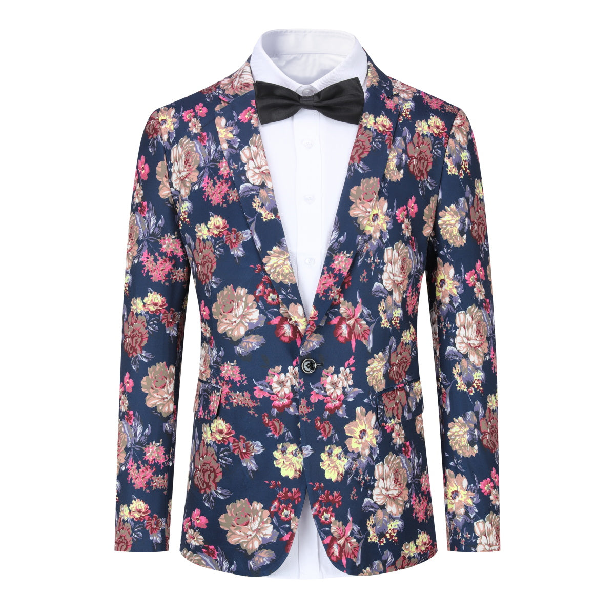Navy # Men's slim fit 2-piece floral print suit with notched lapel and four-button cuffs, navy patterned blazer jacket with matching flat-front trousers with extended waist strap for wedding, prom, party and formal occasions, isolated on white background.