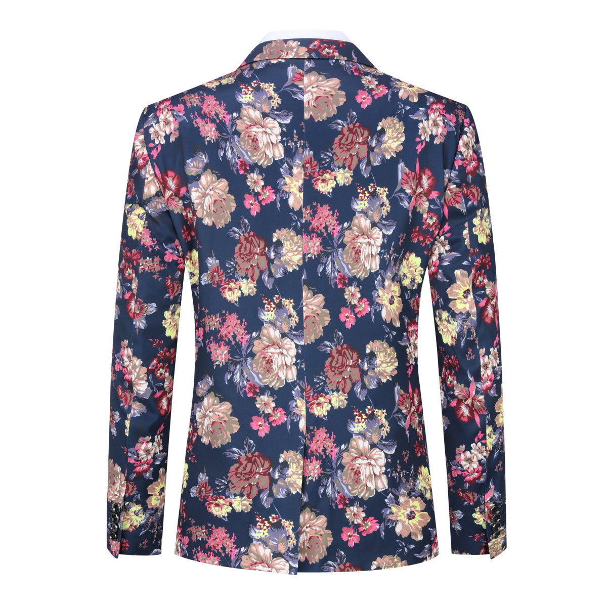 Navy # Men's slim fit 2-piece floral print suit with notched lapel and four-button cuffs, navy patterned blazer jacket with matching flat-front trousers with extended waist strap for wedding, prom, party and formal occasions, isolated on white background.