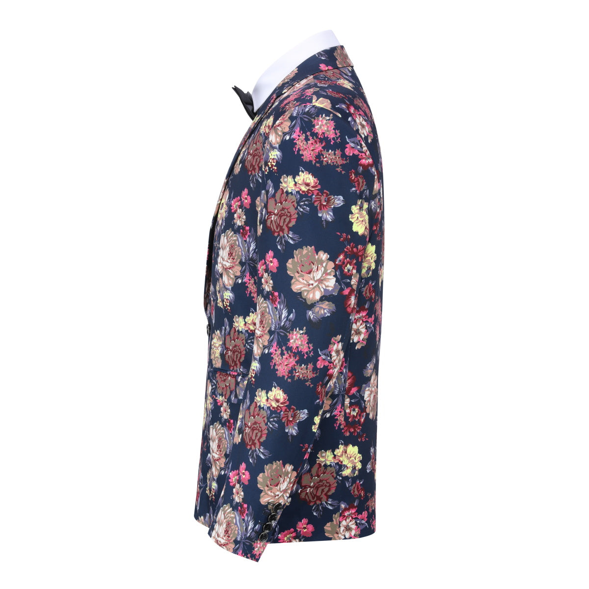 Navy # Men's slim fit 2-piece floral print suit with notched lapel and four-button cuffs, navy patterned blazer jacket with matching flat-front trousers with extended waist strap for wedding, prom, party and formal occasions, isolated on white background.
