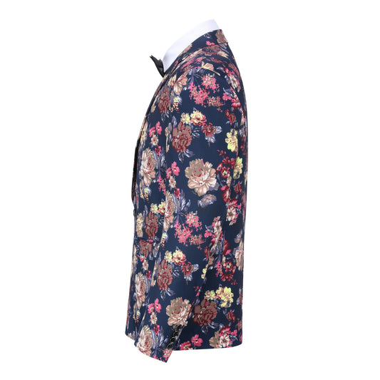 Navy # Men's slim fit 2-piece floral print suit with notched lapel and four-button cuffs, navy patterned blazer jacket with matching flat-front trousers with extended waist strap for wedding, prom, party and formal occasions, isolated on white background.