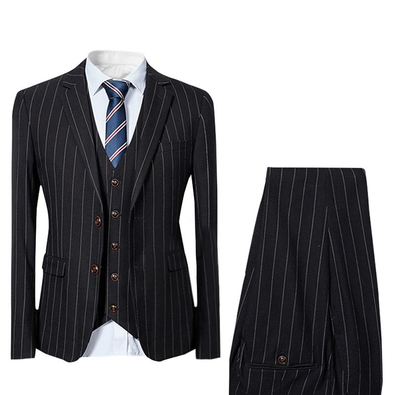 Black # Men's slim fit 3-piece stripe design suit with notched lapel and button closure, black formal blazer jacket with matching vest and flat-front trousers, breathable polyester viscose blend suit for business, office, wedding and daily wear, isolated on white background.