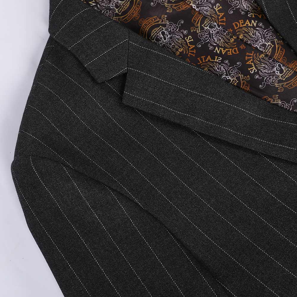 Black # Men's slim fit 3-piece stripe design suit with notched lapel and button closure, black formal blazer jacket with matching vest and flat-front trousers, breathable polyester viscose blend suit for business, office, wedding and daily wear, isolated on white background.