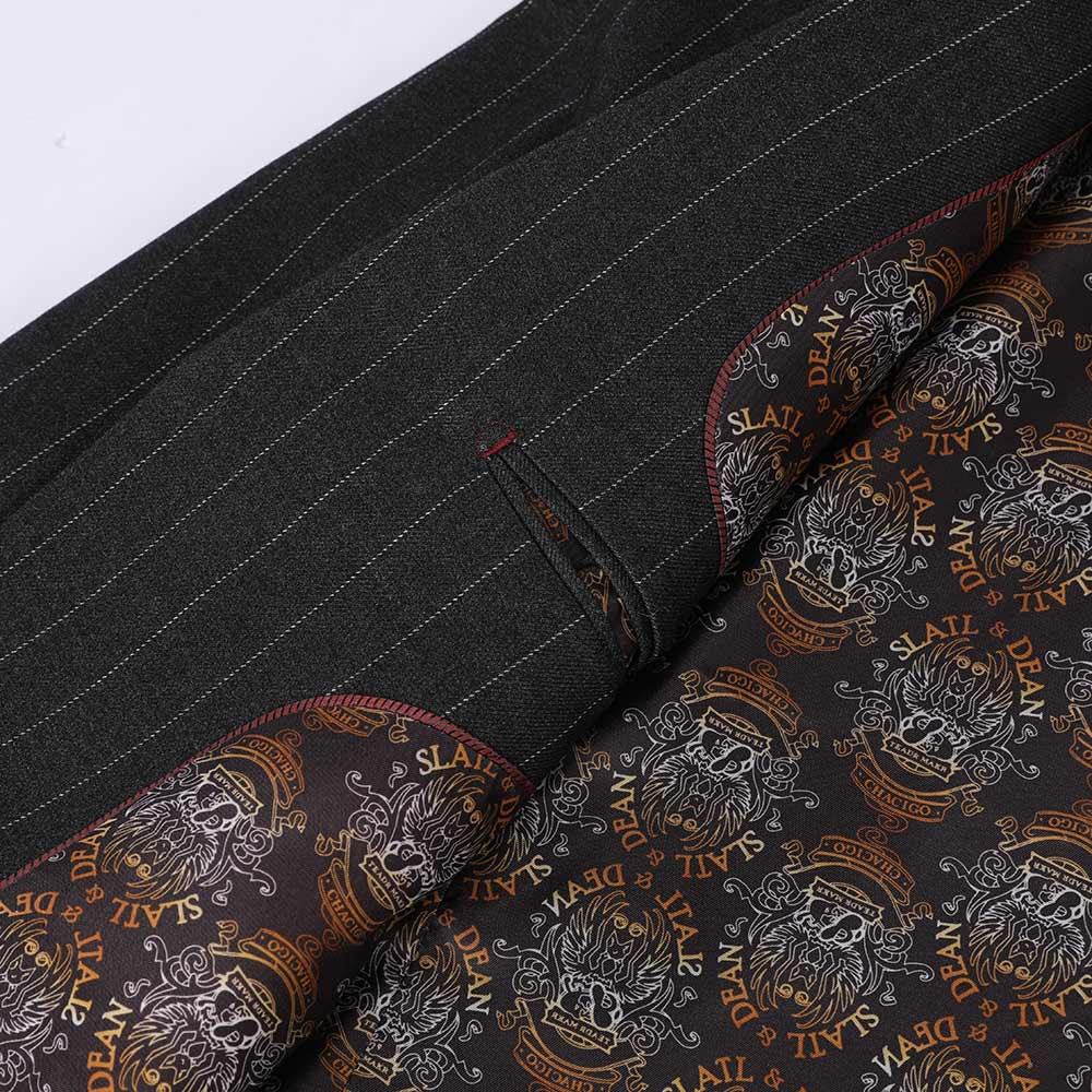 Black # Men's slim fit 3-piece stripe design suit with notched lapel and button closure, black formal blazer jacket with matching vest and flat-front trousers, breathable polyester viscose blend suit for business, office, wedding and daily wear, isolated on white background.