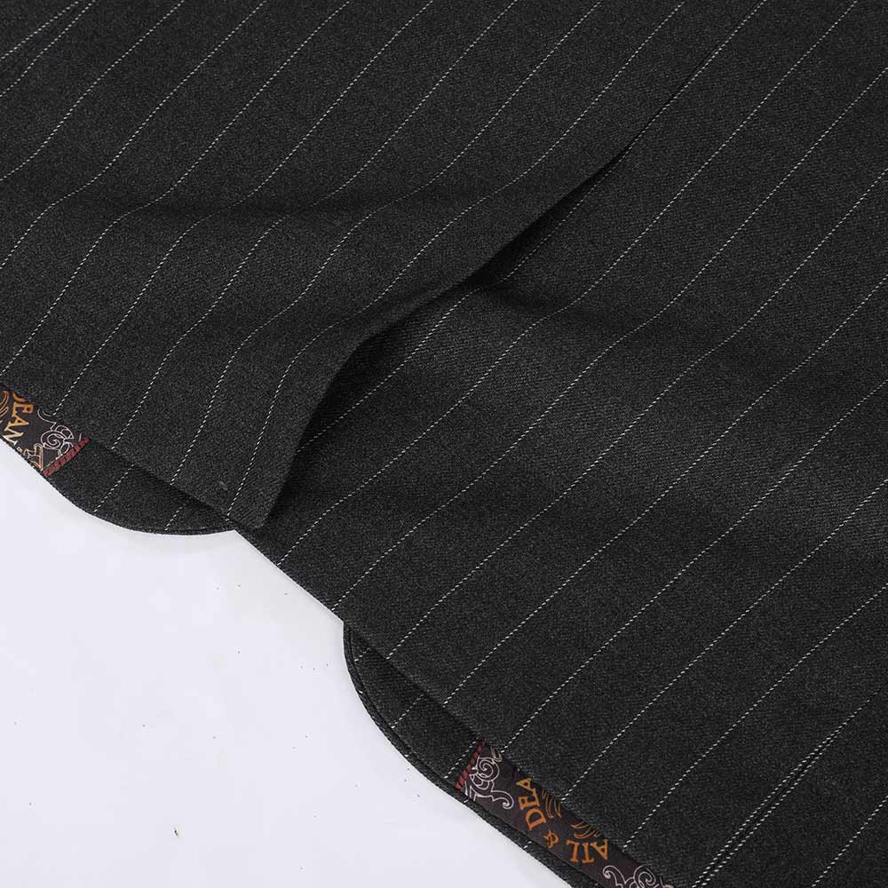 Black # Men's slim fit 3-piece stripe design suit with notched lapel and button closure, black formal blazer jacket with matching vest and flat-front trousers, breathable polyester viscose blend suit for business, office, wedding and daily wear, isolated on white background.
