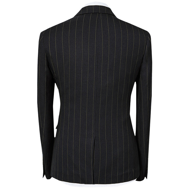 Black # Men's slim fit 3-piece stripe design suit with notched lapel and button closure, black formal blazer jacket with matching vest and flat-front trousers, breathable polyester viscose blend suit for business, office, wedding and daily wear, isolated on white background.