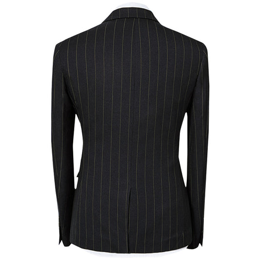 Black # Men's slim fit 3-piece stripe design suit with notched lapel and button closure, black formal blazer jacket with matching vest and flat-front trousers, breathable polyester viscose blend suit for business, office, wedding and daily wear, isolated on white background.